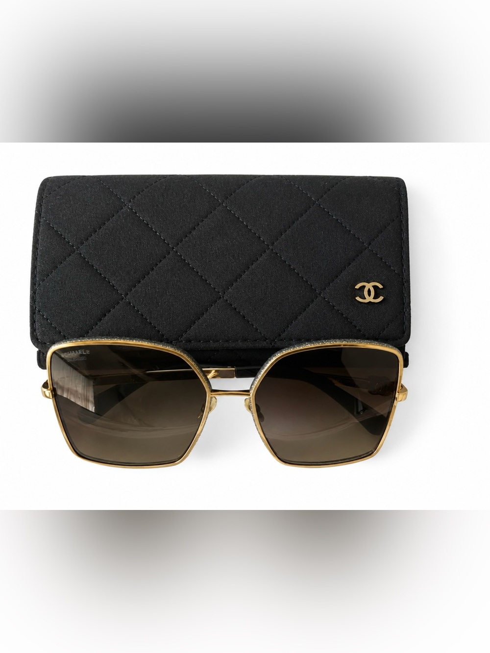 CHANEL Gold & Denim Blue Square Sunglasses with Quilted Case